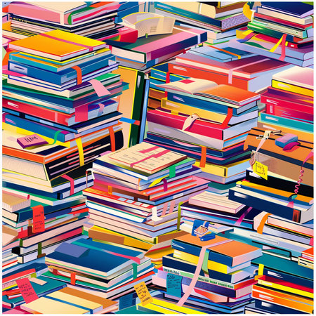 Vector illustration of a pile of colorful books on a white background.の素材