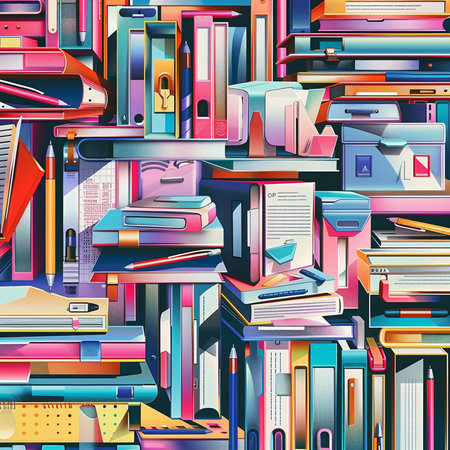 Seamless pattern with books and office supplies. Vector illustration.の素材