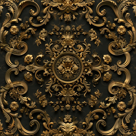 3D render of vintage baroque ornament in gold and blackの素材