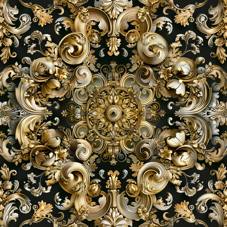 Seamless vintage baroque pattern in gold and black colors.の素材