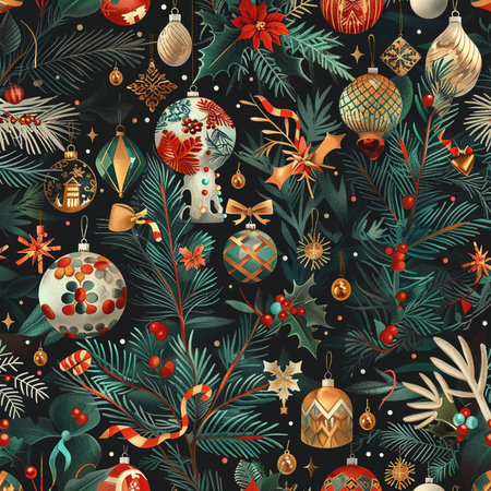 Seamless pattern with Christmas ornaments and fir branches.の素材
