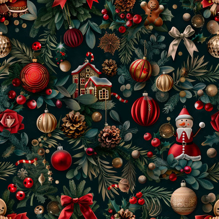 Seamless pattern with Christmas ornaments on dark green backgroundの素材
