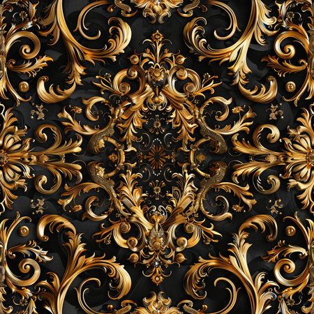 Seamless pattern with gold baroque ornament. 3D renderingの素材