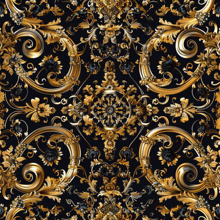 Seamless vintage pattern on a black background with golden elements.の素材