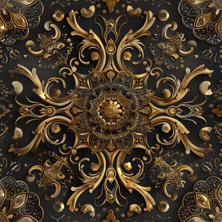 Seamless pattern with golden ornament on black background. Vector illustration.の素材