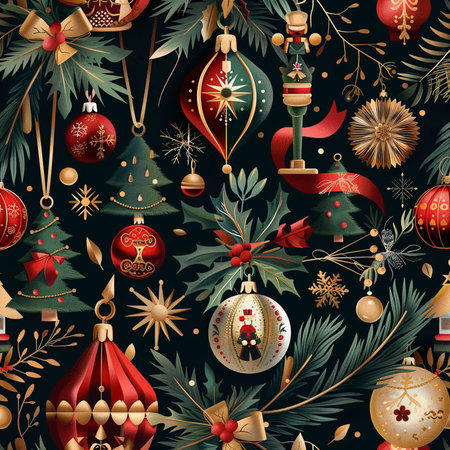 Seamless pattern with Christmas tree, baubles, ornaments. Vector illustration.の素材