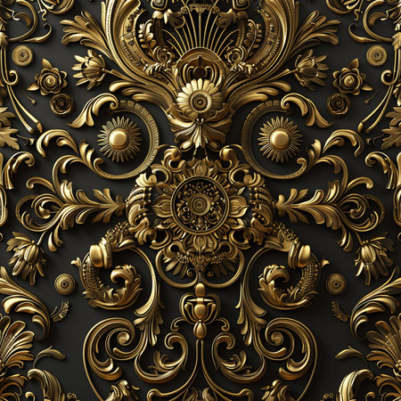 3D render of vintage floral seamless pattern with gold elements on black backgroundの素材