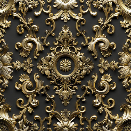 3d render, seamless pattern, golden floral ornament on black backgroundの素材