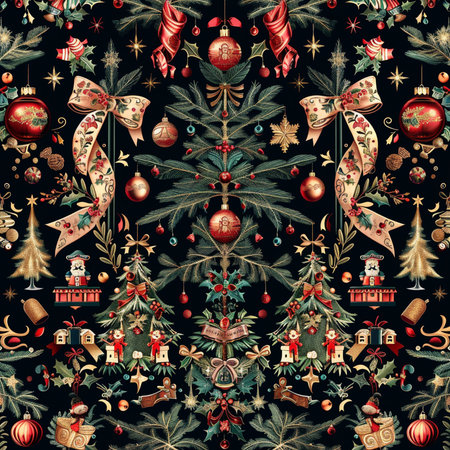 Seamless pattern with Christmas decorations and ornaments on black backgroundの素材