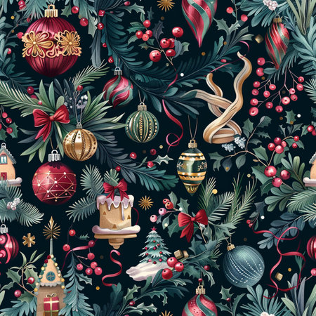 Seamless pattern with christmas tree branches, baubles and berries.の素材