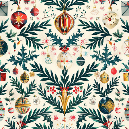 Seamless pattern with christmas ornaments. Watercolor illustration.の素材