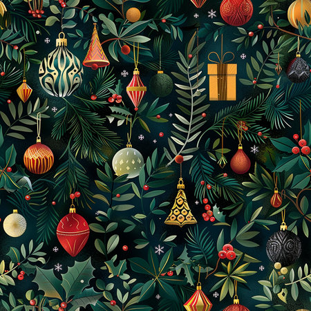 Seamless pattern with Christmas tree branches, balls, gift boxes and berries.の素材