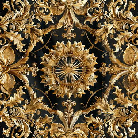 Vintage baroque floral seamless pattern in gold and black colorsの素材