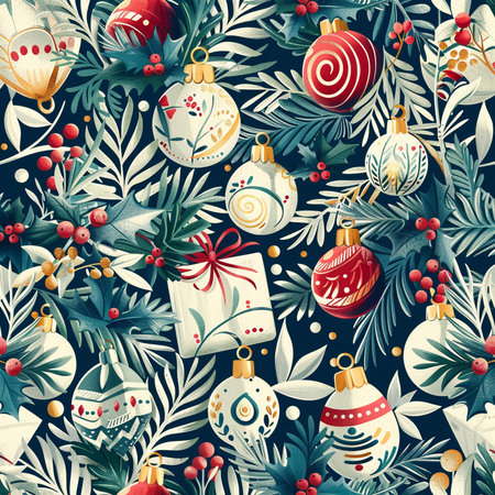 Seamless pattern with christmas balls and berries. Vector illustration.の素材