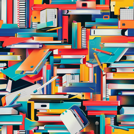 Seamless pattern with books and stationery. Vector illustration.の素材