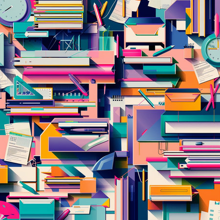 Seamless pattern with books and stationery. Vector illustration.の素材
