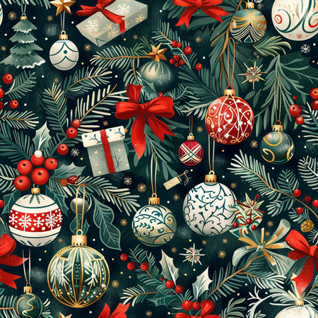 Seamless pattern with Christmas ornaments and gift boxes.の素材