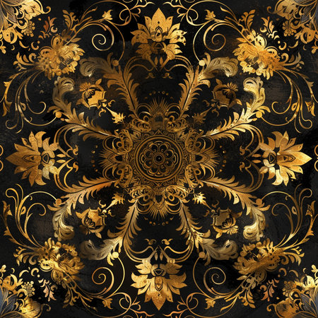 Seamless pattern with gold floral ornament on a black background.の素材