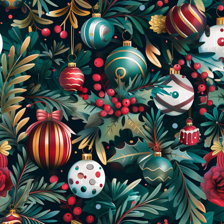 Seamless pattern with Christmas balls, holly branches and berries.の素材