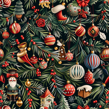 Seamless pattern with christmas tree branches, toys and Santa Clausの素材