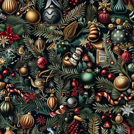 Seamless pattern with christmas baubles and fir branches.の素材