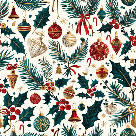 Seamless pattern with Christmas tree branches, baubles, holly berries and pine cones.の素材