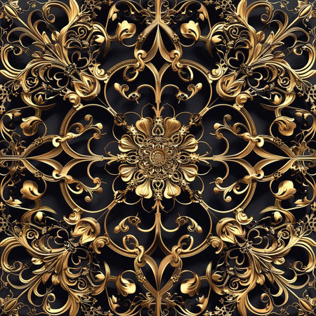 Seamless pattern with gold ornament on black background. Computer generated graphics.の素材