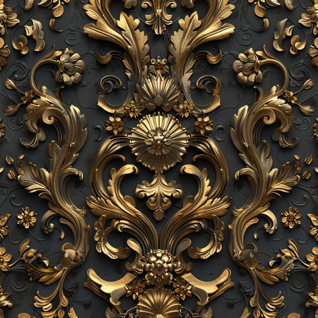 3d render, vintage baroque ornament, seamless pattern on a black backgroundの素材