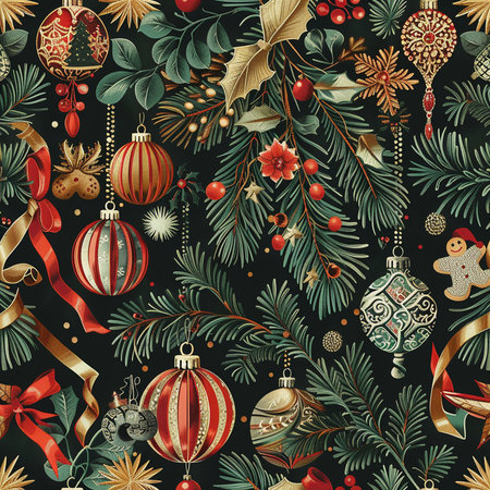 Christmas seamless pattern with fir branches, berries and baubles.の素材