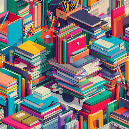 Seamless pattern with books and stationery. Vector illustration.の素材