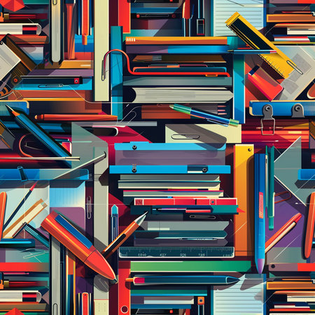 Seamless pattern with colorful pencils, erasers and sharpenerの素材