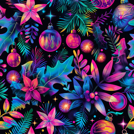 Seamless pattern with Christmas ornaments on black background.の素材