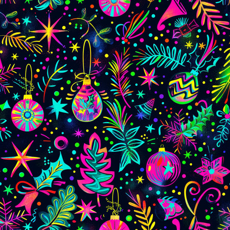 Seamless pattern with Christmas tree toys and stars. Vector illustration.の素材