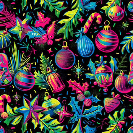 Seamless pattern with Christmas decorations on black background. Vector illustration.の素材