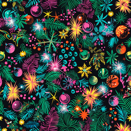Seamless pattern with Christmas tree branches, stars and balls.の素材