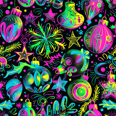 Seamless pattern with Christmas balls, stars and flowers. Vector illustration.の素材