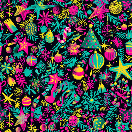 Seamless pattern with Christmas tree, starfishes, pineapples and balls. Vector illustration.の素材
