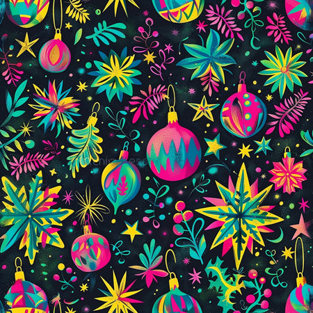 Seamless pattern with colorful Christmas balls on a dark background.の素材