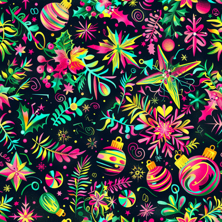 Seamless pattern with Christmas ornaments and flowers. Vector illustration.の素材
