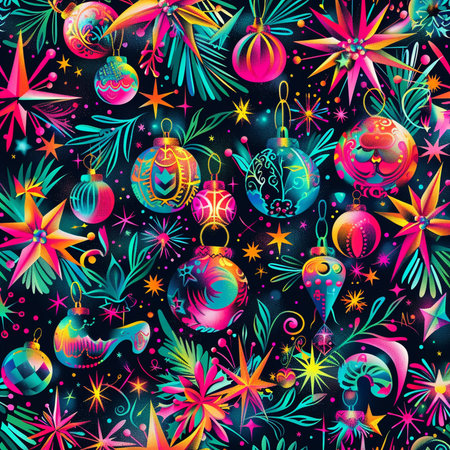 Seamless pattern with Christmas balls, snowflakes and stars. Vector illustration.の素材