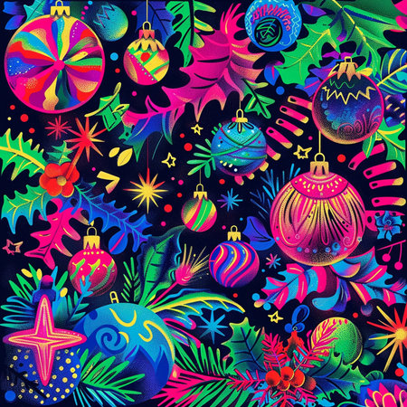 Seamless pattern with Christmas toys on a dark background. Vector illustration.の素材
