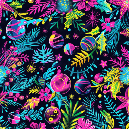 Seamless pattern with Christmas tree toys. Hand drawn vector illustration.の素材