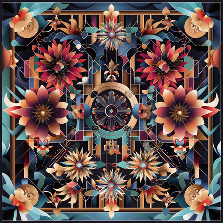 abstract background with floral ornament in the style of stained-glass windowの素材