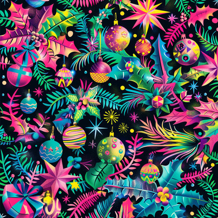 Seamless pattern with christmas tree and balls on black backgroundの素材