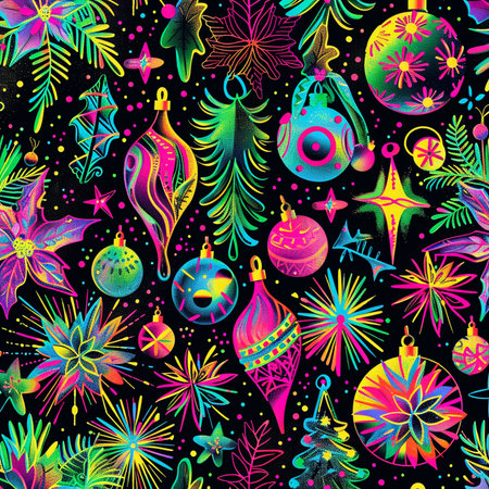 Seamless pattern with Christmas tree toys on the black background.の素材