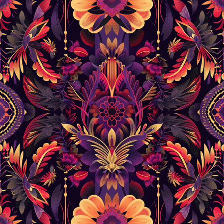 Seamless pattern with colorful flowers and feathers. Vector illustration.の素材