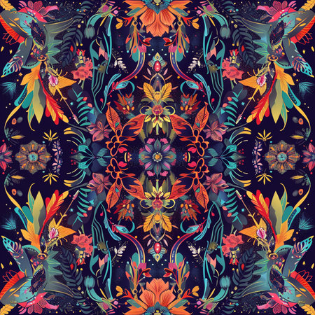 Seamless pattern with colorful flowers and leaves. Vector illustration.の素材