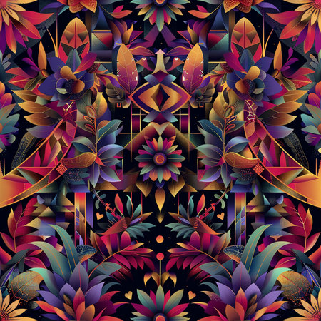Seamless pattern with colorful flowers on black background. Vector illustration.の素材