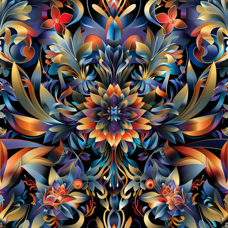Seamless pattern with fractal flowers in blue and orange colors.の素材