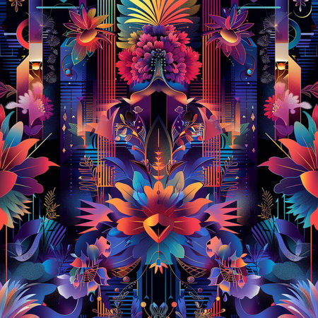 Seamless pattern with abstract flowers on black background. Vector illustration.の素材